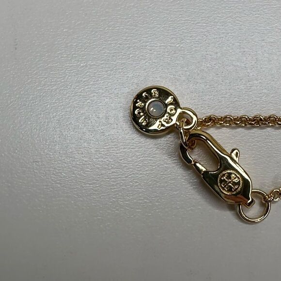 Tory Burch Kira Hexagon Logo Pendant Necklace Gold-Plated Brass White Enamel 18” - Picture 5 of 6